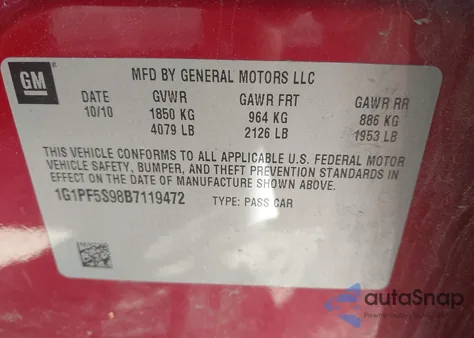 2011 Chevrolet Cruze 1Lt from USA, damaged, VIN 1G1PF5S98B7119472
